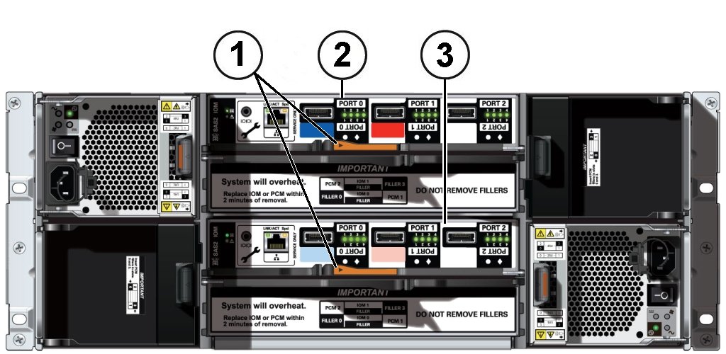 image:Picture showing the DE2-24C IO modules on the Oracle Database Appliance storage shelf.