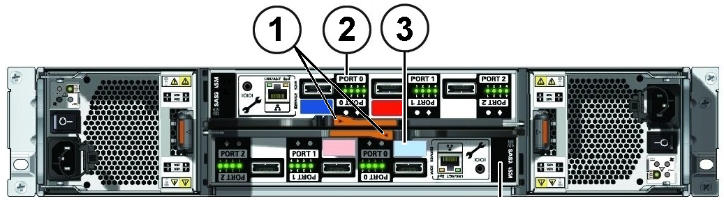 image:Picture showing the DE2-24P IO modules on the Oracle Database Appliance storage shelf.