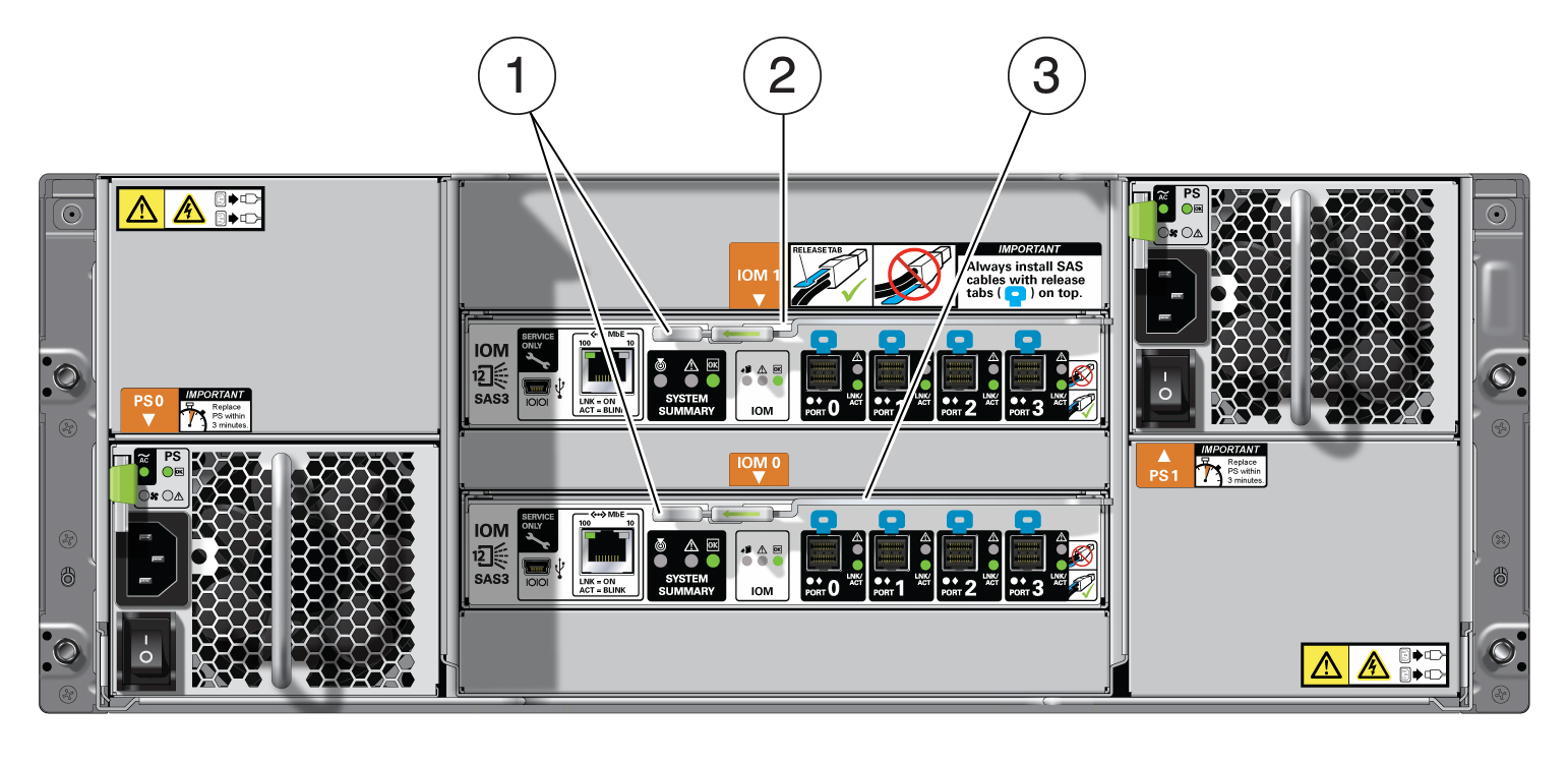 image:Picture showing the DE3-24C IO modules on the Oracle Database Appliance storage shelf.