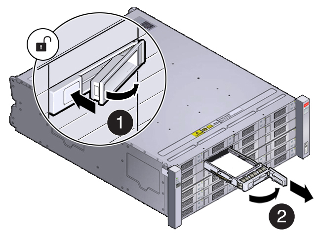 image:Picture showing a drive filler panel being removed from the DE3-24C storage shelf chassis.
