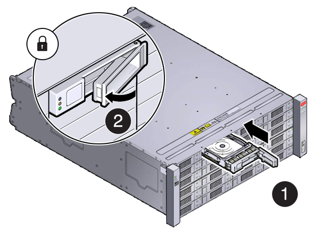 image:Picture showing drive being inserted into the DE2-24C or DE3-24C storage shelf chassis.