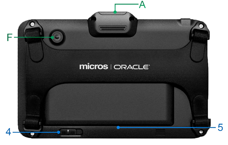 This figure shows the features of the Oracle MICROS Tablet 721 using the back view of the tablet.