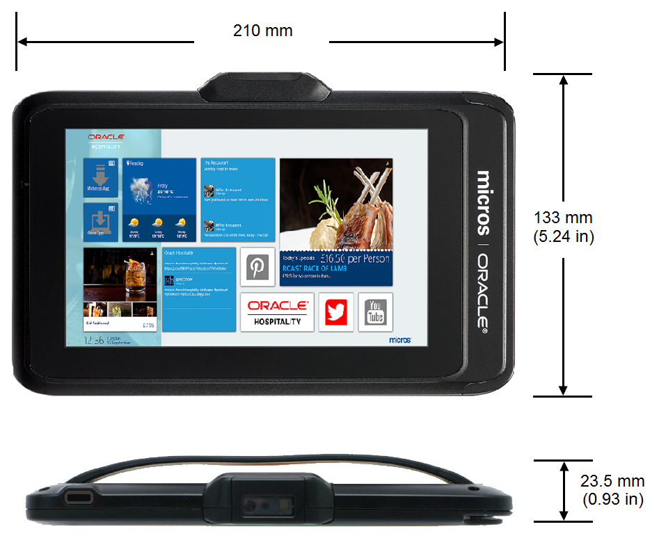 This figure shows the dimensions of the Oracle MICROS Tablet 720.