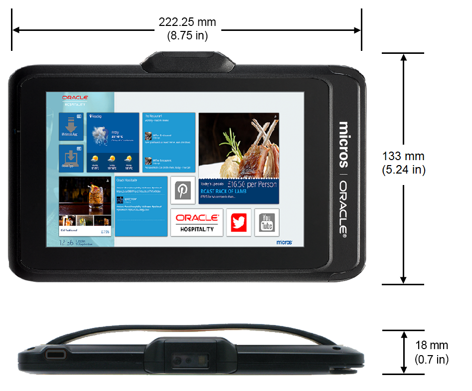 This figure shows the dimensions of the Oracle MICROS Tablet 721.