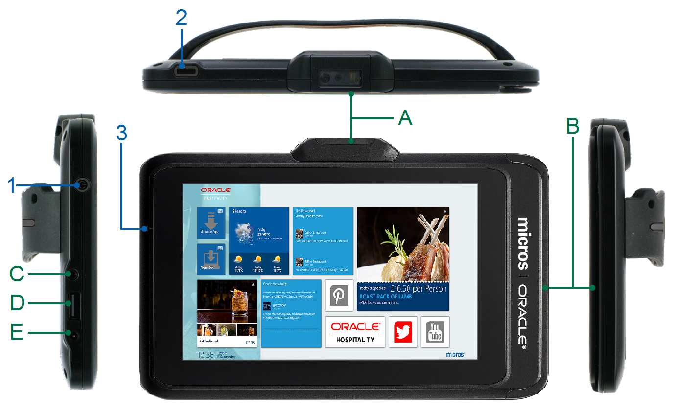 This figure shows the features of the Oracle MICROS Tablet 720 using the front and side views of the tablet.