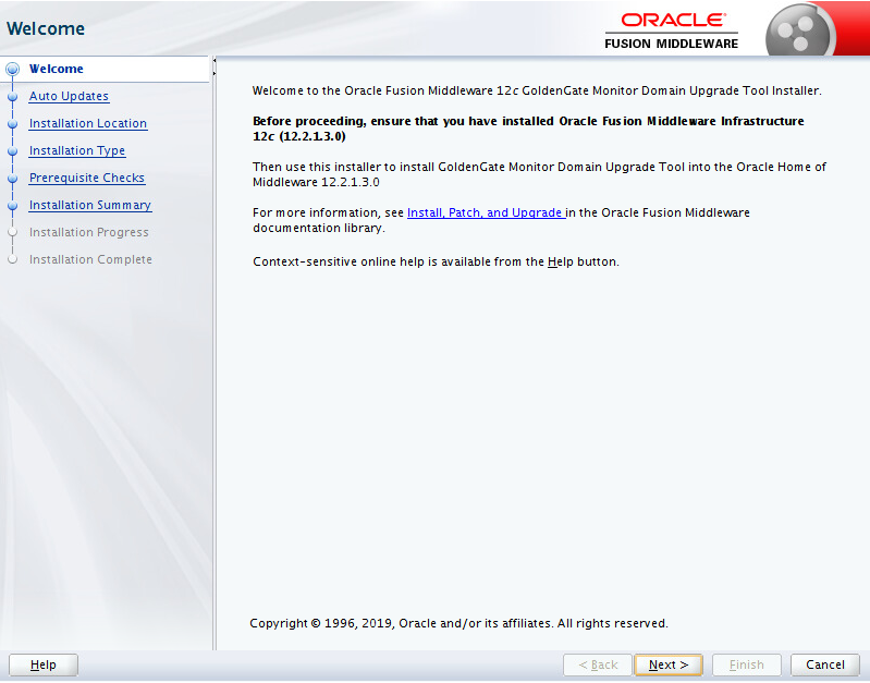 Oracle GoldenGate Monitorドメイン・アップグレード・ツール・インストーラ - 「Welcome」画面
