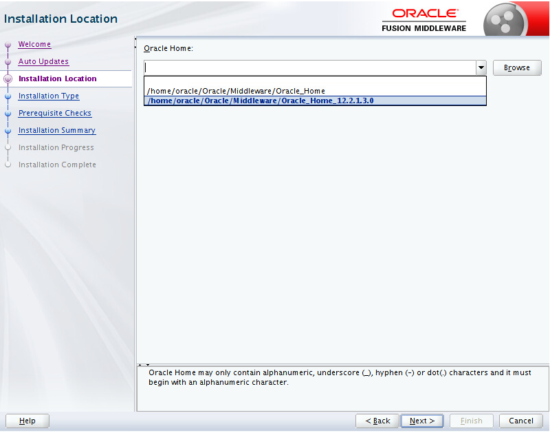 「Oracle Home」ドロップダウン・リストから「Installation Location」を選択します。