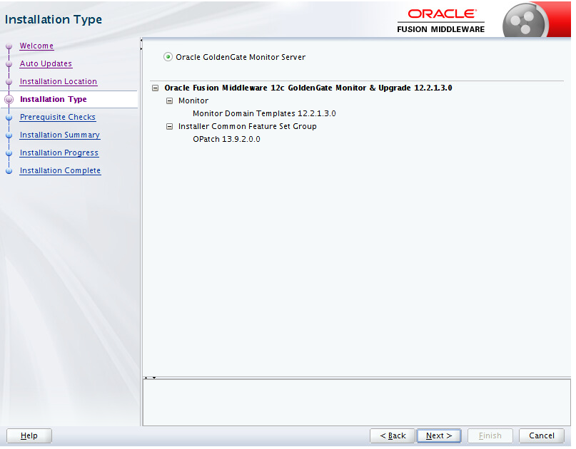 「Installation Type」ページで、「Oracle GoldenGate Monitor Server」オプションが選択されていることを確認します。