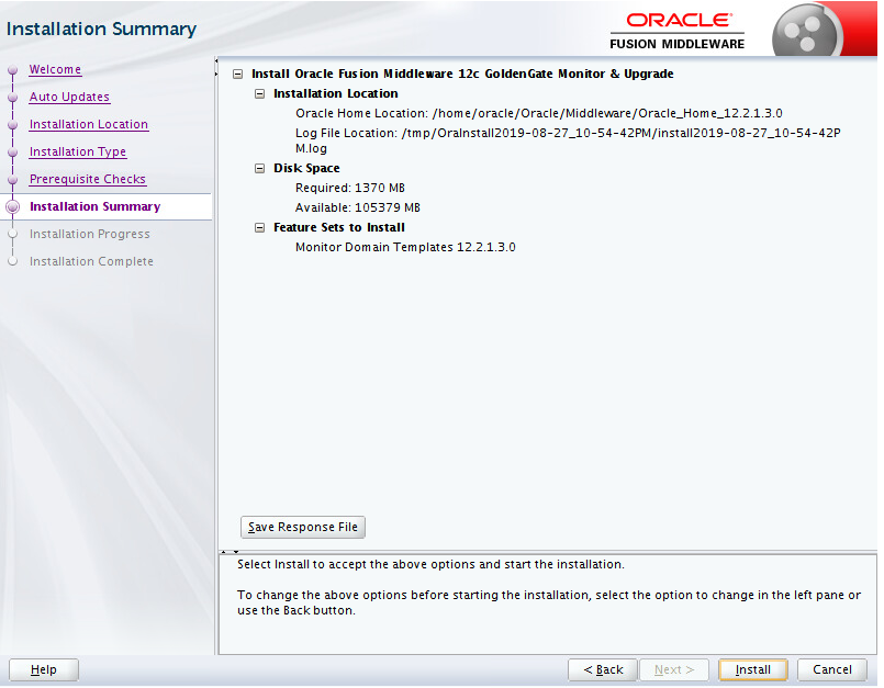 「Save Response File」ボタンをクリックして「Installation Summary」ページ内のインストール詳細を保存します。