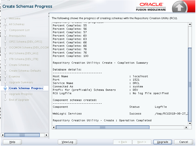 「Create Schemas Progress」ページに、RCUでのスキーマ作成の進行状況が表示されます。