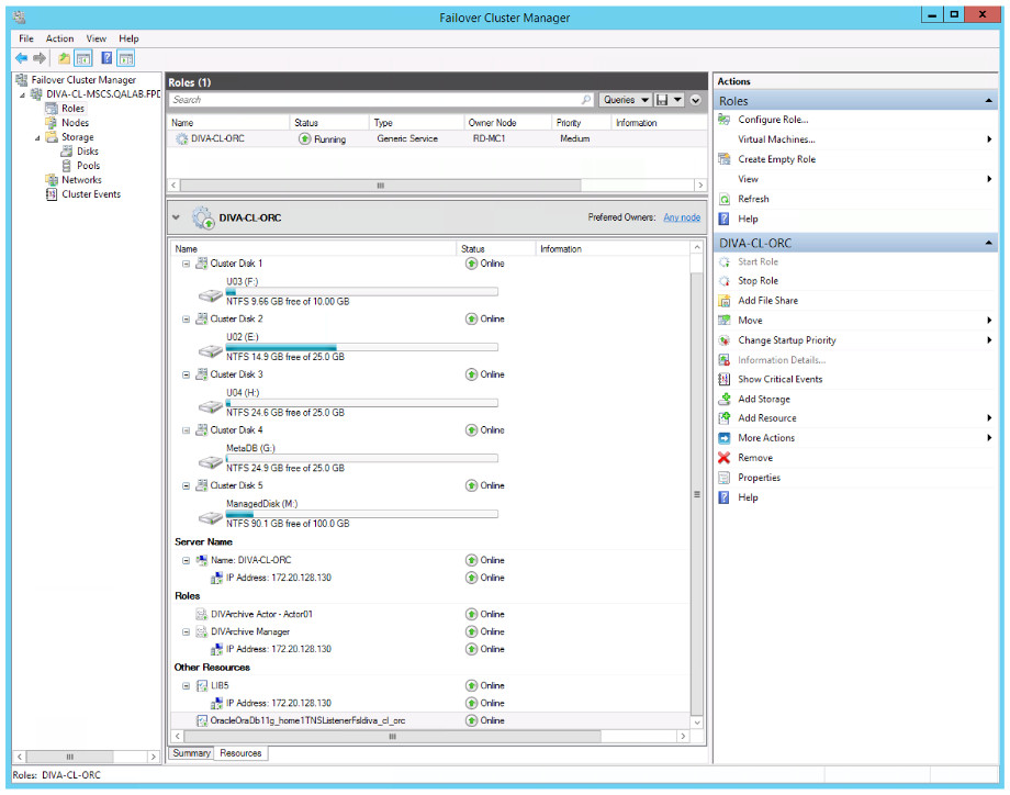 Gestor de clusters de failover: roles DIVA-CL-ORC