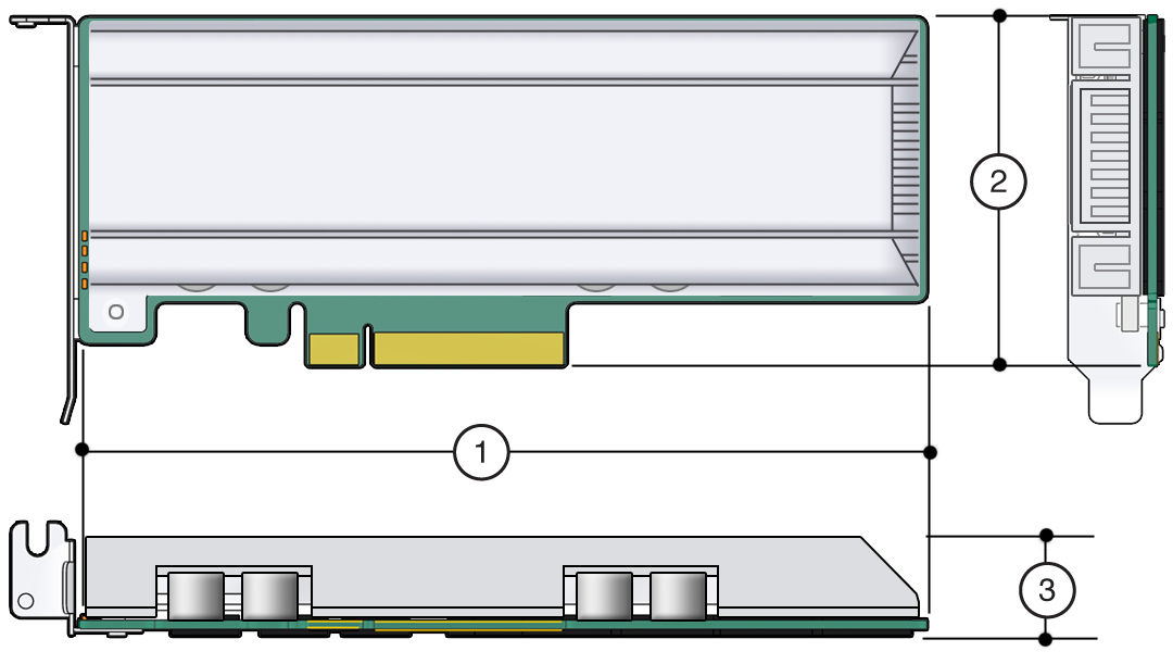 image:Illustration showing Oracle Flash Accelerator F640 PCIe Card v2                         physical dimensions.