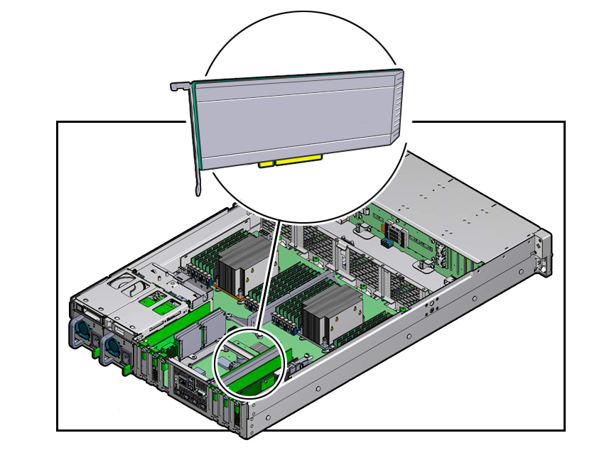 image:Illustration showing Oracle Flash Accelerator F640 PCIe Card v2                             example location in an example server.