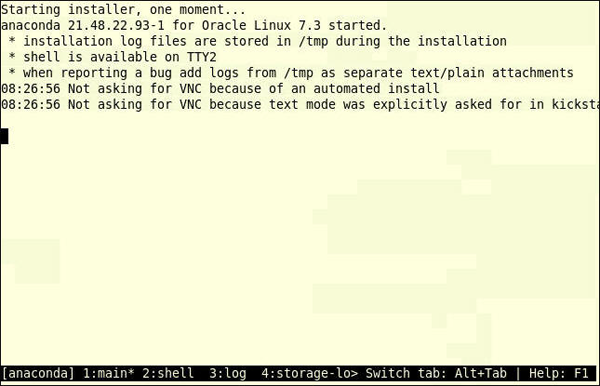 image:Screen shot showing the Linux installer starting the OS installation.