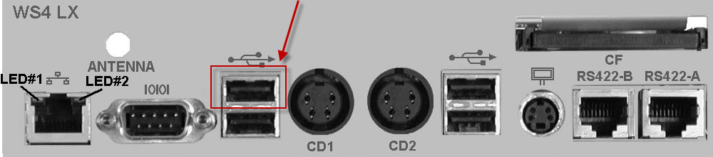 This image shows the connector ports for an Oracle MICROS Workstation 4X and marks the USB port to be used for installing e7.