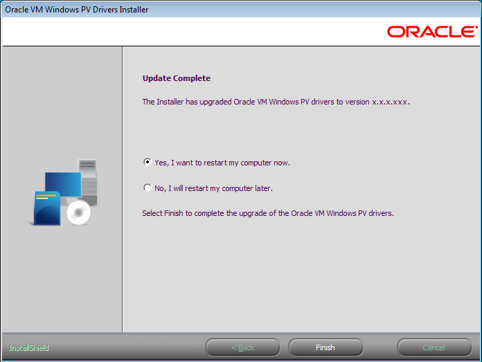 This figure shows the Update Complete window. Options on this window are: Yes, I want to restart the system now and No, I will restart system later.