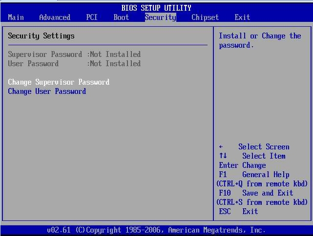 image:Graphic showing BIOS Setup Utility: Security - Security Settings.