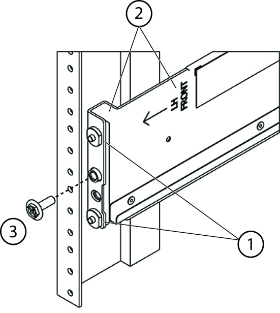 image:Picture of front of rail going into threaded rack with numbered callouts.