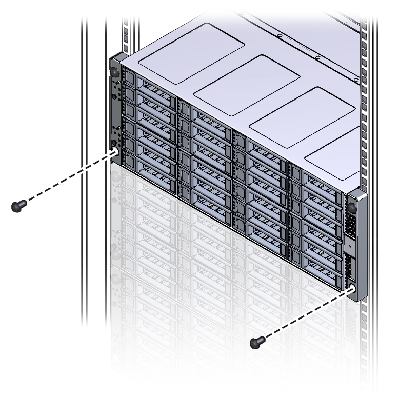 image:Graphic that shows how to remove the screws from the front of the system.