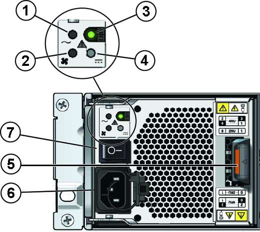 image:Picture of DE2-24P and DE2-24C storage shelf power supply with callouts.