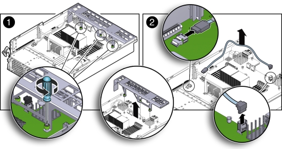 image:Figure showing how to remove the SAS expander cable from a server node.