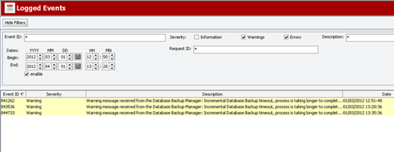 Control GUI Analytics Tab Logged Events Panel Filtered