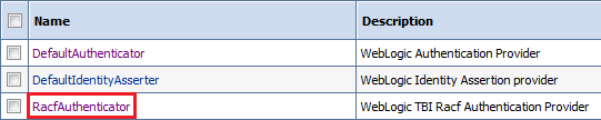 Table with the RACF authenticator name link selected