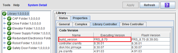 SLC screen showing Code Version for the Library Controller