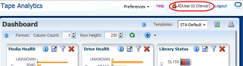 Dashboard showing user ADUser10 logged in with Viewer role