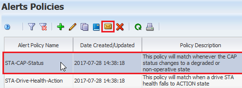 Alerts Policies page with row selected and Email icon noted.