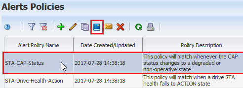 Alert Policies page with row selected and Enable icon noted.
