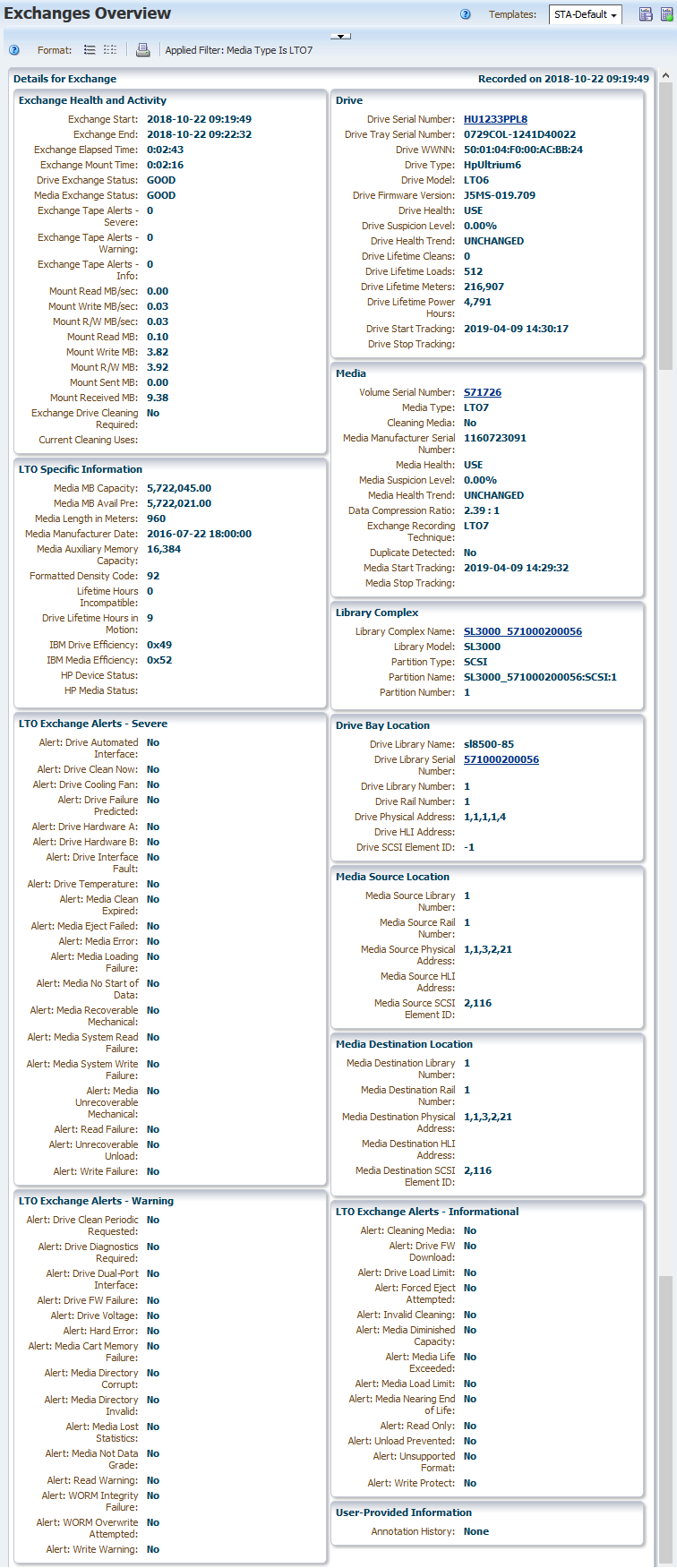 Example of the Exchanges Overview details page for LTO media