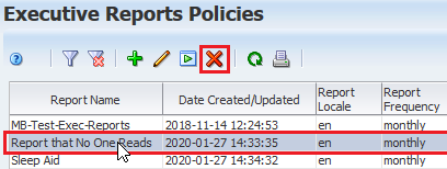 Exec Report Policy with row selected and Delete icon noted