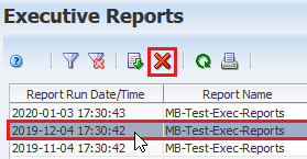 Exec Reports page with row selected and Delete icon noted.