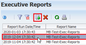 Exec Reports page with row selected and Export icon noted.