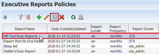 Exec Report Policy page with row selected and Run icon noted