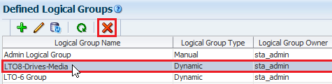 Defined Logical Groups with row selected, Delete icon noted