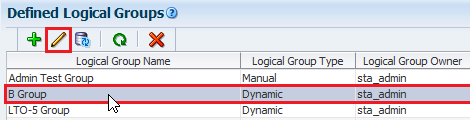 Defined Logical Groups with row selected and Edit icon noted
