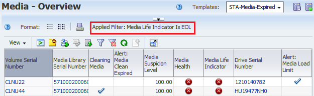 Media Overview with filter Media Life Indicator is EOL noted