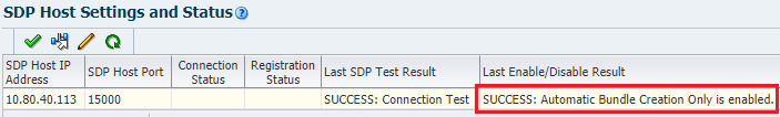 SDP Host Settings and Status table with result column noted