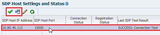 SDP Host Settings with row selected and Test icons noted