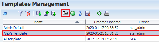 Templates table with row selected and Rename icon noted