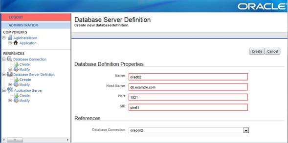 Database Server definition screen