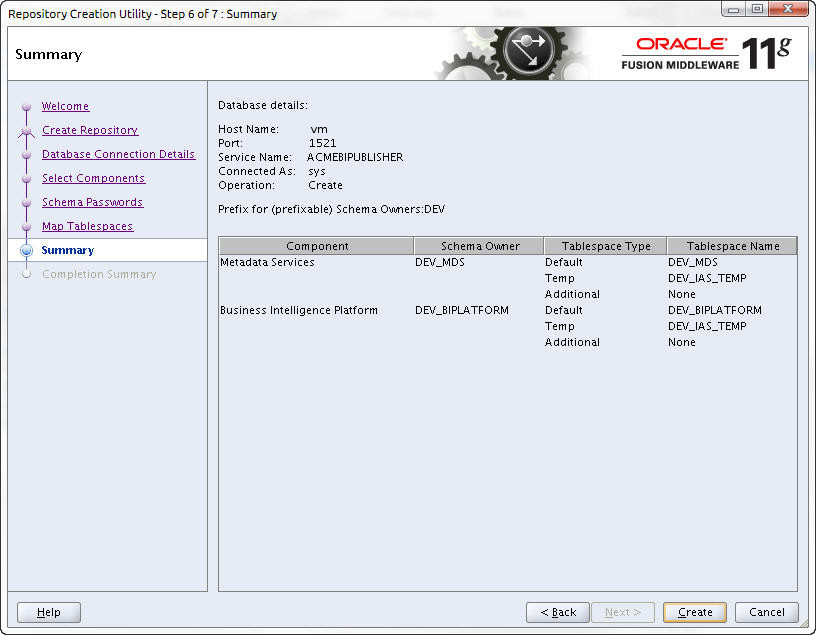 The summary window displays the configured database details.
