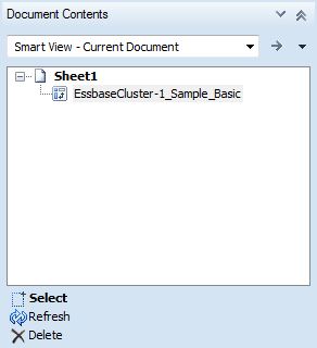 In the Document Contents pane, an Essbase ad hoc grid is selected. Available actions are Select, Refresh, and Delete.