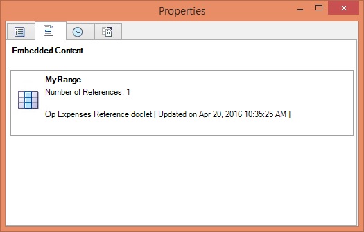 Embedded Content tab in the Properties dialog box for a selected doclet listing the embedded content ranges that are used in the selected doclet.