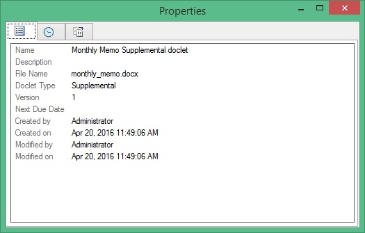 Properties tab in the Properties dialog box for a selected supplemental doclet.