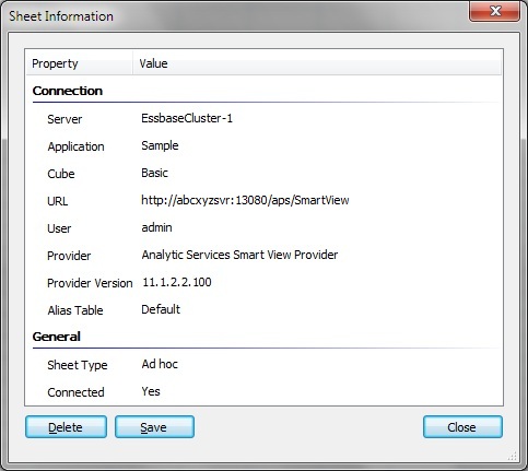 The Sheet Information dialog box for an Essbase ad hoc grid. It shows the Essbase Server name, application and cube name, connection URL, user name, Provider type and version, alias table in use, sheet type, and connection status. There are also selectable Delete and Save buttons.