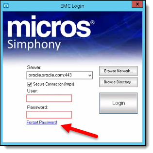 This figure shows the Simphony EMC Login screen and a red arrow indicates the Forgot Password link.