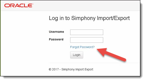 This figure shows the Log in to Simphony Import/Export screen. It indicates the Forgot Password link with a red arrow.